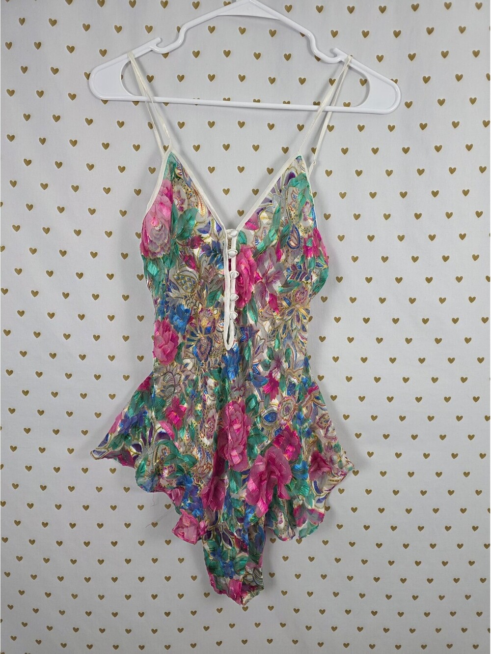 Vintage Victoria's Secret Gold Label Floral Teddy Romper P Sheer Ruffle 90s